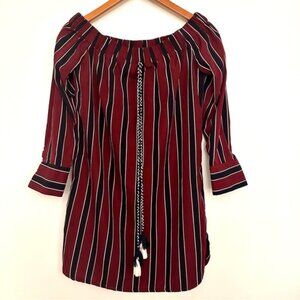 Hot & Delicious Burgundy and Navy Striped Off Shoulder Dress Size Medium